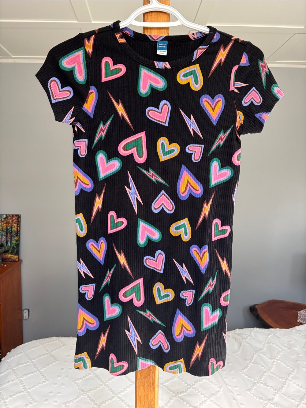 Old Navy Black Knit Dress with Bright Multi Hearts & Lightning